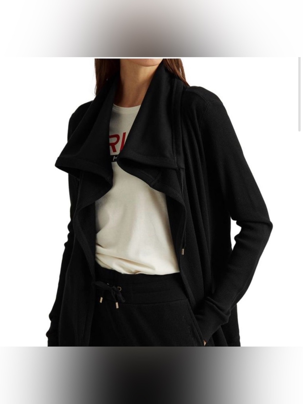 Ralph Lauren Black Stretch Pocketed Waffle Knit Long Sleeve, Open Jacket Black M